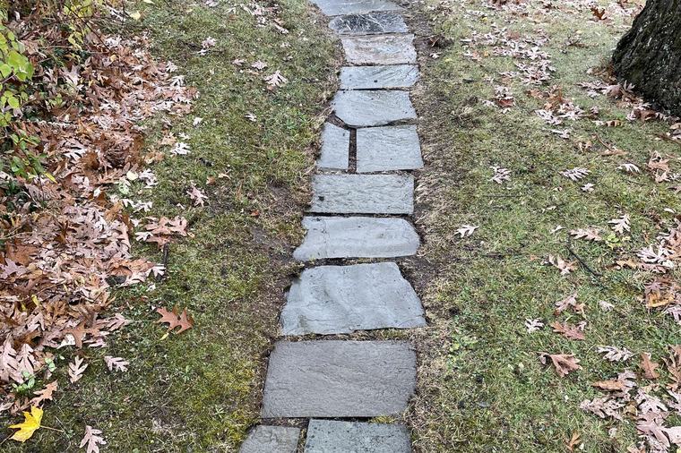 A stone walkway laid through a lawn